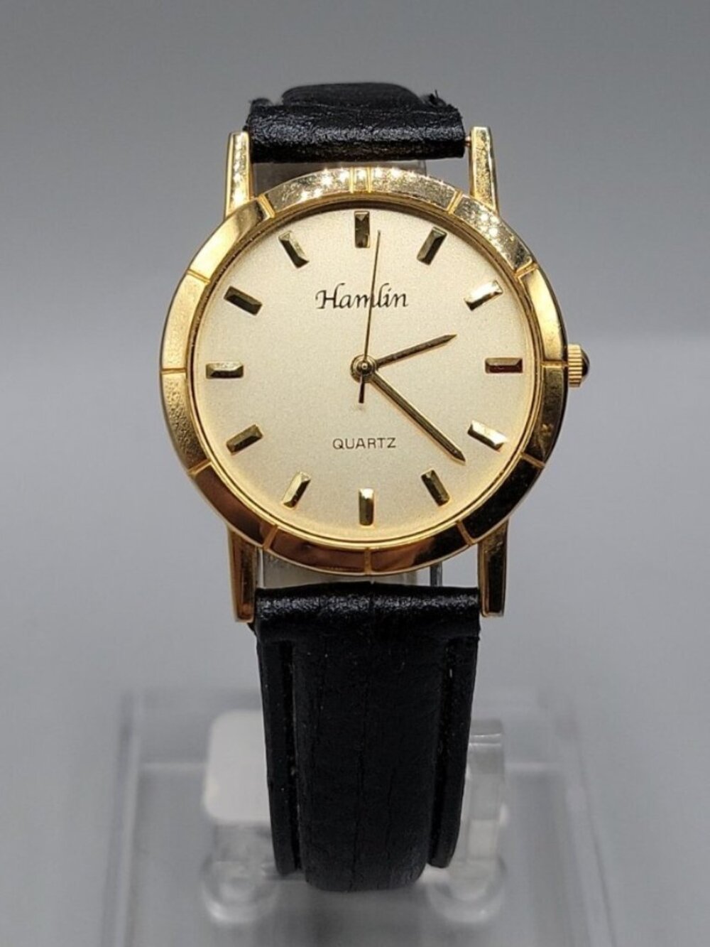 Vintage Hamlin Mens Quartz Watch Gold Tone 8" Black Genuine Leather Band 33mm